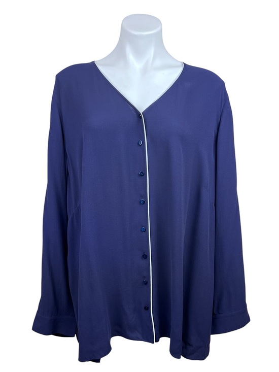 Eileen Fisher Tops - Eileen Fisher Navy Silk Georgette Crepe Piped V-Neck Button Down Shirt 3X